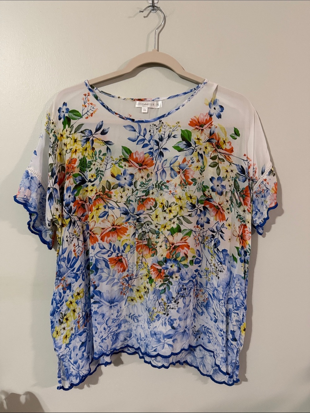 Love Kyla White Floral Scoop-Neck Blouse with Blue Embroidered Trim